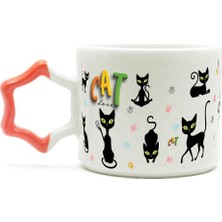 Mor Mürekkep Cat Love Baskılı Turuncu Kulplu Yıldız Kupa