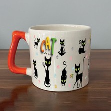 Mor Mürekkep Cat Love Baskılı Turuncu Kulplu D Kupa