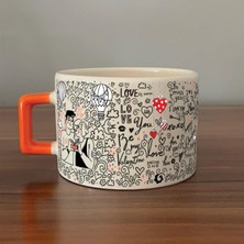 Mor Mürekkep Aşk Temalı Turuncu Kulplu C Sevgililer Günü Fincanı