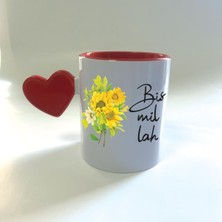 Mor Mürekkep Bismillah Baskılı Kırmızı Dolu Kalp Kulplu Mega Kupa