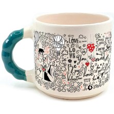 Mor Mürekkep Aşk Temalı Yeşil Kulplu Boncuk Sevgililer Günü Kupası