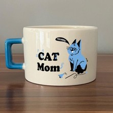 Mor Mürekkep Cat Mom Baskılı Mavi Kulplu C Fincan