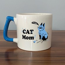 Mor Mürekkep Cat Mom Baskılı Mavi Kulplu D Kupa