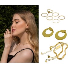 Koton Altın Renk Üçlü Takı Set1 (Parlak Taşlı Kolye 42CM,6'LI Yüzük Set S Beden,metal Halka Küpe 3,5cm)