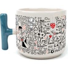 Mor Mürekkep Aşk Temalı Mavi Kulplu T Sevgililer Günü Kupası