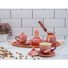 Eva Copper 6 Kişilik Işlemeli Cezveli Bakır Fincan Seti, Takımı ( Tepsi + Lokumluk + 6 Adet Fincan + Cezve )