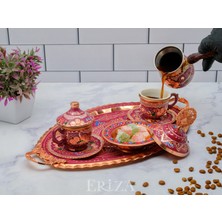 Eva Copper 6 Kişilik Işlemeli Cezveli Bakır Fincan Seti, Takımı ( Tepsi + Lokumluk + 6 Adet Fincan + Cezve )