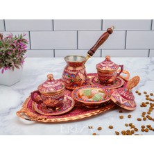 Eva Copper 6 Kişilik Işlemeli Cezveli Bakır Fincan Seti, Takımı ( Tepsi + Lokumluk + 6 Adet Fincan + Cezve )