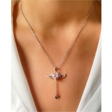 Daily Fashion Pembe Zirkon Taşlı Melek Kanatlı Hareketli Paslanmaz Çelik Kolye