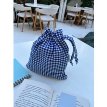Sumicorn Design Saks Mavi Pötikareli Çevre Dostu Bez Keten Büzgülü Ipli Düzenleyici Kese,makyaj Çantası,seyahat Çantası