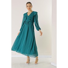 By Saygı Yakası Volanlı Bantlı Beli Kemerli Astarlı Şifon Elbise