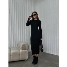 Elif Özbey Siyah Fitilli Triko Elbise