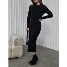 Elif Özbey Siyah Fitilli Triko Elbise