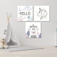 Gaagart 3 lü Kare Kanvas Çocuk Odası Soft Unicorn ve Ayı Tablo Seti
