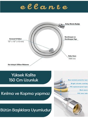 Ellante Gri Paslanmaz Kopmaz Patlamaz Kaliteli Pvc Duş Hortumu Tüm Duş Setleri ile Uyumlu - 150 cm