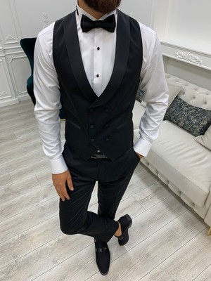 Lonatolia Battal Boy Erkek Smokin Damatlık Italyan Kesim Slim Fit Ceket Yelek Pantolon Papyon-Siyah