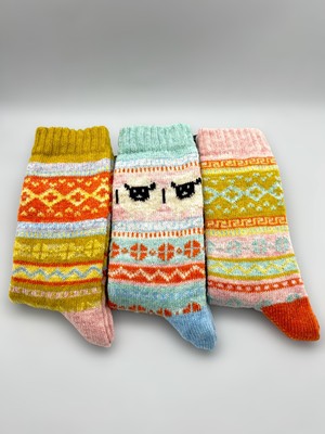 Ciho Socks Premium 3 Çift Kadın Alpaka Yünlü Yumuşak Yıkamalı Norveç Tipli Termal Etnik Kilim Desenli Soket Çorap