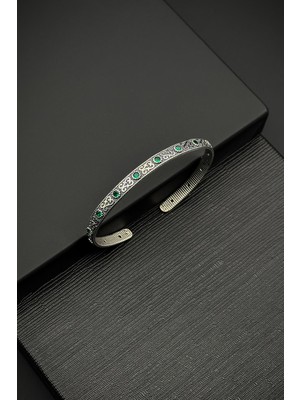 Frnch 925 Ayar Gümüş Italyan Model Zirkon Taşlı Yeşil Erkek Kelepçe Bileklik FRJ12011-3011-Y