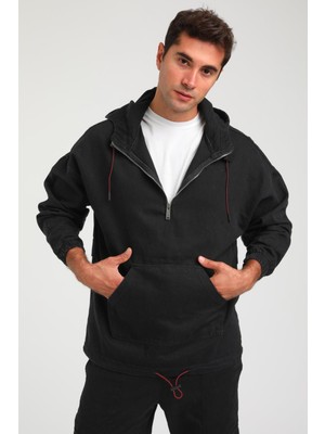 Rocqerx R-2339 Erkek Kapüşonlu Yarım Fermuar Detaylı Kot Sweat