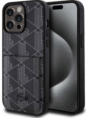 Lacoste iPhone 15 Pro Max Kılıf Lacoste Orjinal Lisanslı Magsafe Özellikli Pu Deri Görünümlü Kartlıklı Siyah