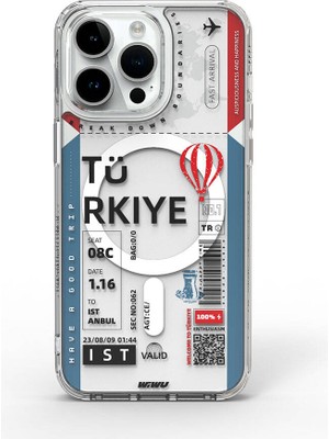 Wiwu iPhone 15 Pro Max Kılıf Magsafe Şarj Özellikli Bilet Desenli Wiwu Turkey B Serisi Kapak Mavi