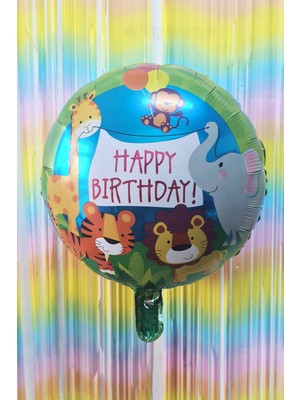 Pekshop Yuvarlak Safari Temalı Folyo Balon Happy Birthday Yazılı Safari Konsept Doğum Günü Balonu 45CM