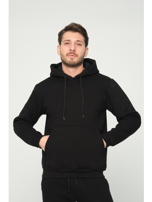 Four Man Siyah Kapşonlu Sweatshirt 3 Iplik Şardonlu  (%100 Pamuk)