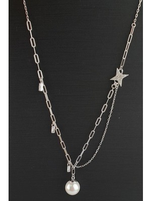 Ose Shop  Pırlanta Parlaklığında Zirkon Taşlı 925AYAR Gümüş Kutup Yıldızı Italyan Tasarımı Inci Kolye