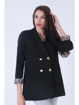 Feminist Siyah Şal Yaka Leopar Astarlı Kruvaze Ceket 39711561.01