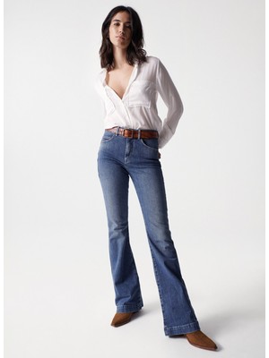 Salsa Yüksek Bel Geniş Paça Flare Mavi Kadın Denim Pantolon 21004234