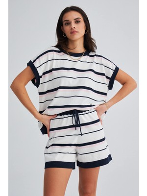 Peraluna MARINE BLOUSE & SHORTS %100 Pamuk Yazlık Kadın Triko Şort Takım Lacivert/Ekru