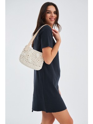 Peraluna AİLA BAG %100 Pamuk Çiçek Desen El Yapımı Kadın Triko Çanta - Ekru