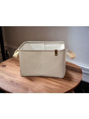 Rope Home Gri Çizgili Deri Detaylı Dikdörtgen Sepet 18X22X30