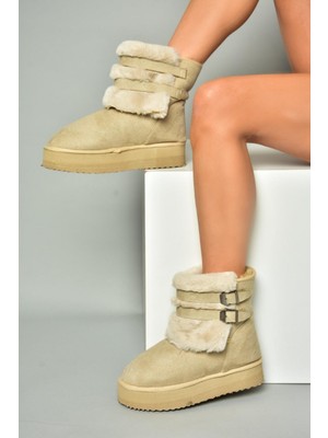 Fox Shoes R824747502 Bej/bej Süet Peluş Kalın Tabanlı Yarım Kadın Bot