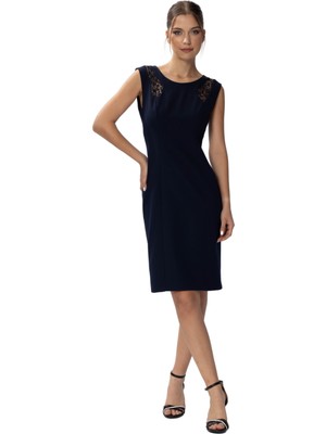 HOX'S Audrey | Dantel Garnili Dizüstü Kalem Elbise Yuvarlak Yakalı Kolsuz - Lacivert