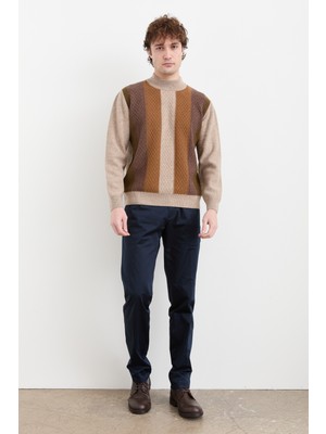 Desen Triko Erkek Yarım Balıkçı Yaka Önü Renkli Yün Kazak K.bej