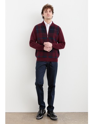 Desen Triko Erkek Hakim Yaka Kareli Pike Dokuma Mont Bordo