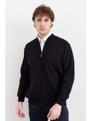 Desen Triko Erkek Hakim Yaka Çelik Örgü Astarlı Yün Mont Lacivert