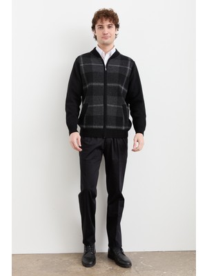 Desen Triko Erkek Hakim Yaka Kareli Pike Dokuma Mont Siyah