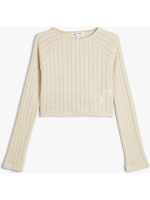 Koton Ajurlu Crop Tişört Uzun Kollu Bisiklet Yaka Arkası Bağlama Detaylı