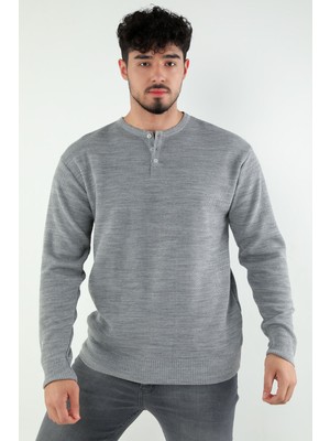 Julude Gri Erkek Bisiklet Yaka Ön Düğme Detaylı Triko Kazak P-00007555