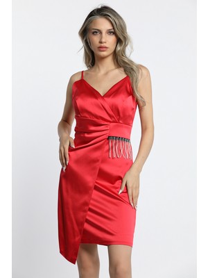 Julude Kırmızı Kadın Kruvaze Yaka Ip Askılı Taşlı Drapeli Kısa Abiye Gece Kıyafeti P-00008003