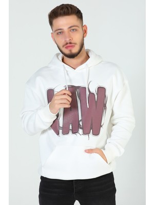 Julude Krem Erkek Kapüşonlu Baskılı Üç Iplik Şardonlu Oversize Sweatshirt P-00005319