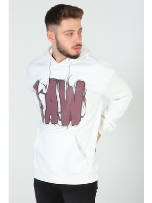 Julude Krem Erkek Kapüşonlu Baskılı Üç Iplik Şardonlu Oversize Sweatshirt P-00005319