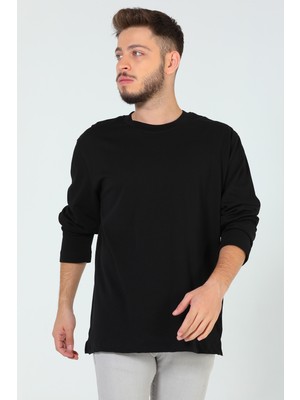 Julude Siyah Erkek Bisiklet Yaka Ovesize Basic Sweatshirt P-00005287