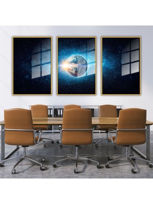 Gaagart 3 'Lü Metal Çerçeveli Cam Tablo Seti Uzaydan Dünya Görüntüsü