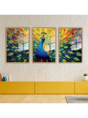 Gaagart 3 'Lü Metal Çerçeveli Cam Tablo Seti Kuyruklu Tavuskuşu
