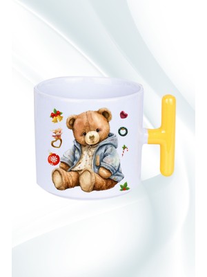 Caisya Yeni Yıl Oyuncak Ayı Teddy Bear Baskılı T Saplı Kupa Bardak Porselen Çay Kahve Fincanı