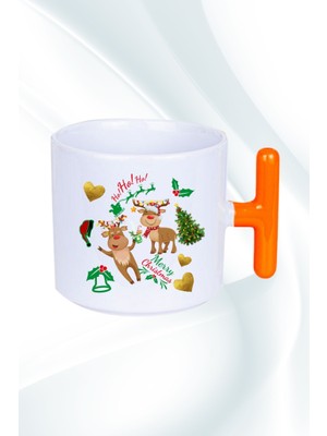 Caisya Yılbaşı Geyikli Kurabiye Baskılı T Saplı Kupa Bardak Porselen Çay Kahve Fincanı