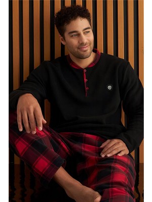 Pijama Evi Siyah Bordo Ekose Desenli polar erkek pijama takımı